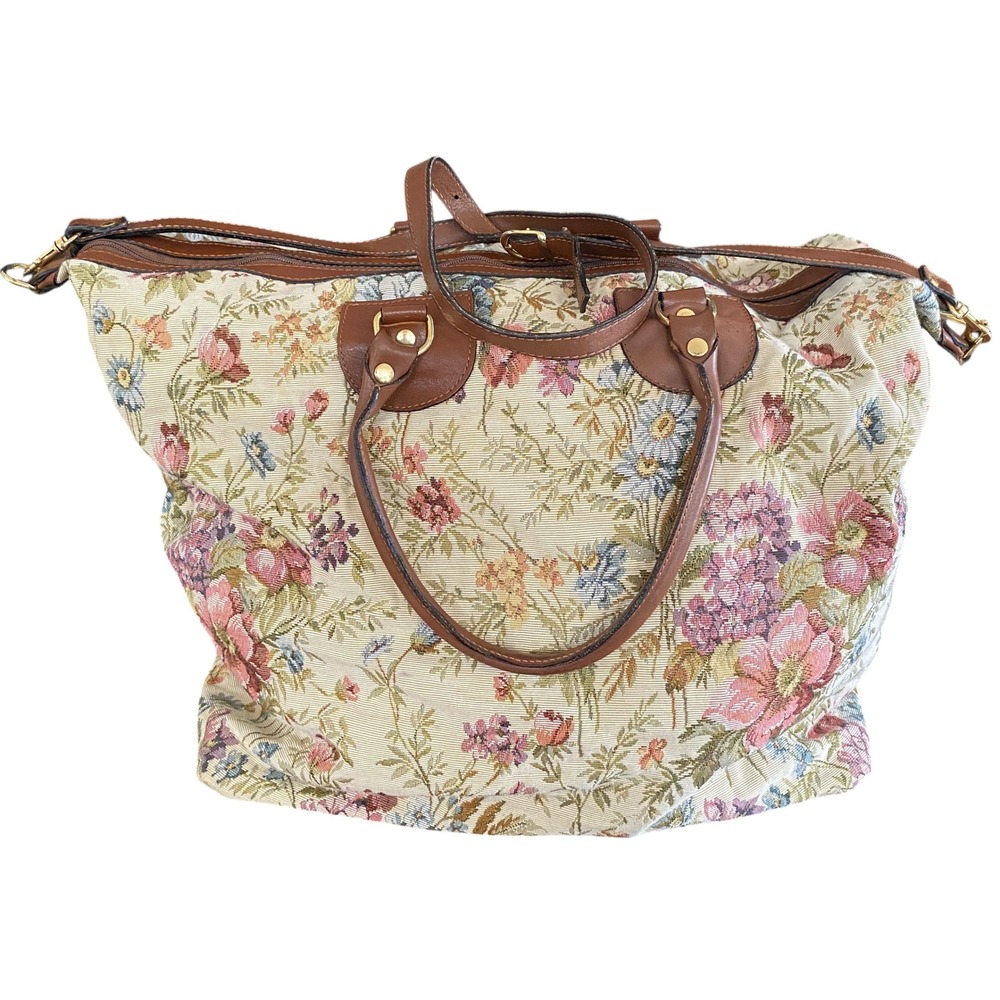 Vintage Floral Tapestry Weekender Carpet‎ Bag Wheels Italy Brown Leather Duffel